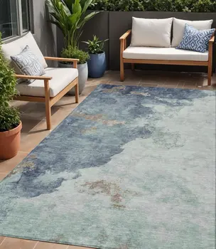5' X 8' Pale Aqua And Taupe Abstract Washable Indoor Outdoor Area Rug