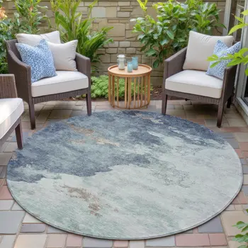 8' Pale Aqua And Taupe Round Abstract Washable Indoor Outdoor Area Rug