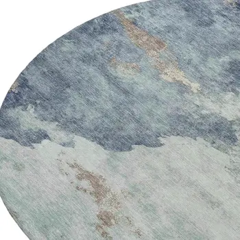 8' Pale Aqua And Taupe Round Abstract Washable Indoor Outdoor Area Rug
