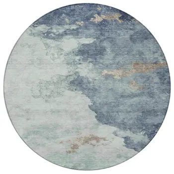 8' Pale Aqua And Taupe Round Abstract Washable Indoor Outdoor Area Rug