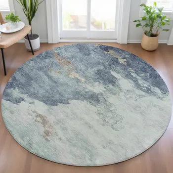 8' Pale Aqua And Taupe Round Abstract Washable Indoor Outdoor Area Rug