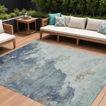 8' X 10' Pale Aqua And Taupe Abstract Washable Indoor Outdoor Area Rug