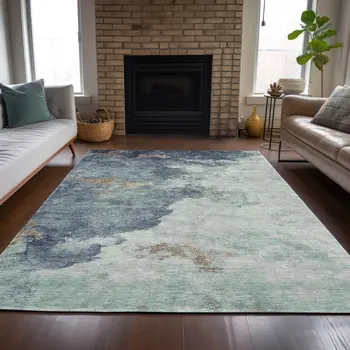9' X 12' Pale Aqua And Taupe Abstract Washable Indoor Outdoor Area Rug