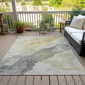 3' X 5' Beige And Gold Abstract Washable Indoor Outdoor Area Rug