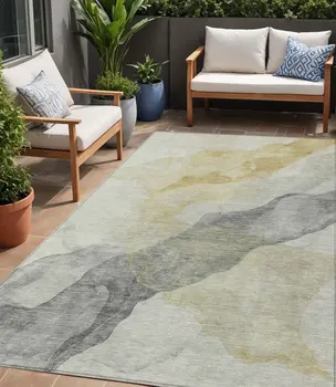 5' X 8' Beige And Gold Abstract Washable Indoor Outdoor Area Rug