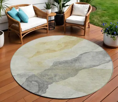 8' Beige And Gold Round Abstract Washable Indoor Outdoor Area Rug