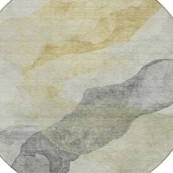 8' Beige And Gold Round Abstract Washable Indoor Outdoor Area Rug
