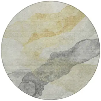 8' Beige And Gold Round Abstract Washable Indoor Outdoor Area Rug