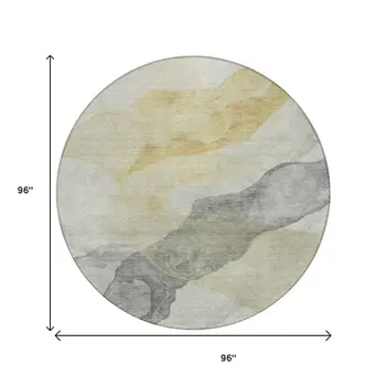 8' Beige And Gold Round Abstract Washable Indoor Outdoor Area Rug
