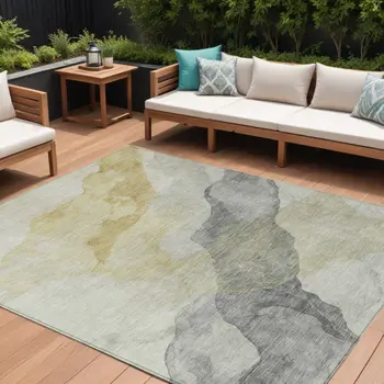 9' X 12' Beige And Gold Abstract Washable Indoor Outdoor Area Rug