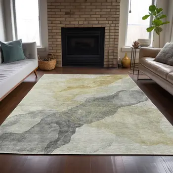 9' X 12' Beige And Gold Abstract Washable Indoor Outdoor Area Rug