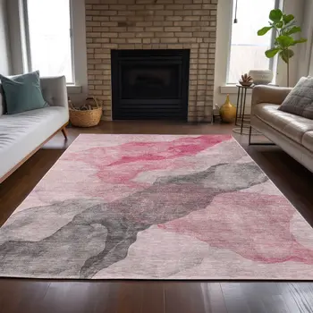 3' X 5' Blush And Gray Abstract Washable Indoor Outdoor Area Rug