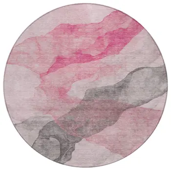 8' Blush And Gray Round Abstract Washable Indoor Outdoor Area Rug