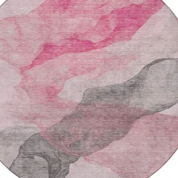 8' Blush And Gray Round Abstract Washable Indoor Outdoor Area Rug