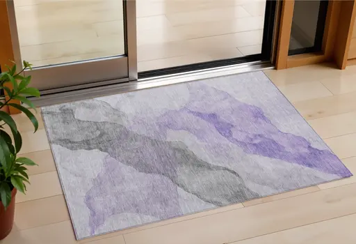 3' X 5' Lavender And Gray Abstract Washable Indoor Outdoor Area Rug