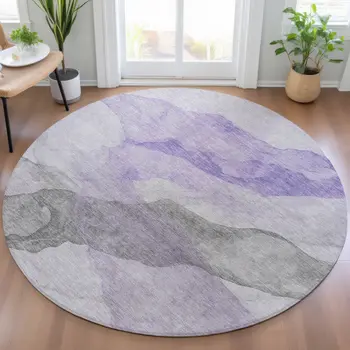8' Lavender And Gray Round Abstract Washable Indoor Outdoor Area Rug