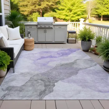 9' X 12' Lavender And Gray Abstract Washable Indoor Outdoor Area Rug