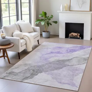9' X 12' Lavender And Gray Abstract Washable Indoor Outdoor Area Rug