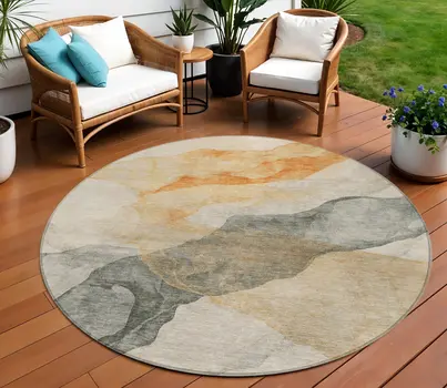 8' Orange And Gray Round Abstract Washable Indoor Outdoor Area Rug