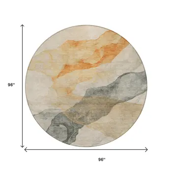 8' Orange And Gray Round Abstract Washable Indoor Outdoor Area Rug
