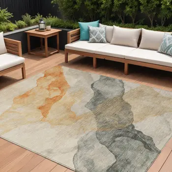 10' X 14' Orange And Gray Abstract Washable Indoor Outdoor Area Rug