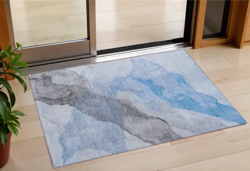 3' X 5' Sky Blue And Gray Abstract Washable Indoor Outdoor Area Rug