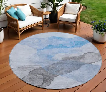 8' Sky Blue And Gray Round Abstract Washable Indoor Outdoor Area Rug