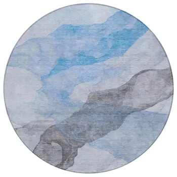 8' Sky Blue And Gray Round Abstract Washable Indoor Outdoor Area Rug