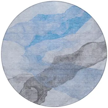 8' Sky Blue And Gray Round Abstract Washable Indoor Outdoor Area Rug