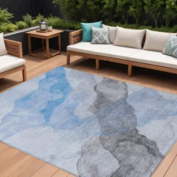 9' X 12' Sky Blue And Gray Abstract Washable Indoor Outdoor Area Rug