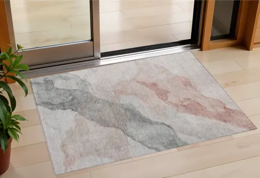 3' X 5' Salmon And Gray Abstract Washable Indoor Outdoor Area Rug