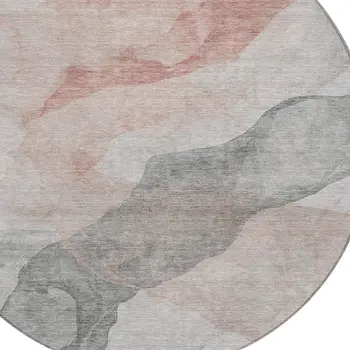 8' Salmon And Gray Round Abstract Washable Indoor Outdoor Area Rug