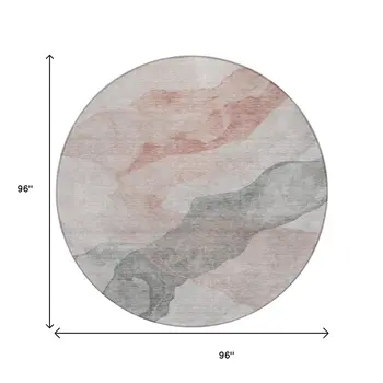 8' Salmon And Gray Round Abstract Washable Indoor Outdoor Area Rug