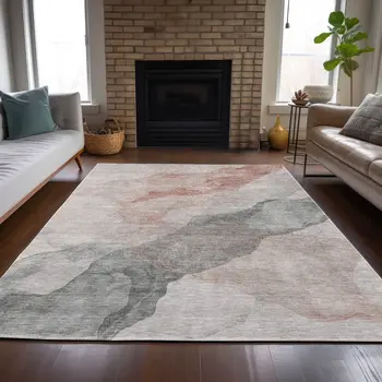 8' X 10' Salmon And Gray Abstract Washable Indoor Outdoor Area Rug