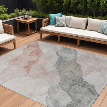 10' X 14' Salmon And Gray Abstract Washable Indoor Outdoor Area Rug