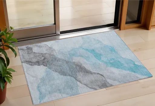 3' X 5' Teal Blue And Gray Abstract Washable Indoor Outdoor Area Rug
