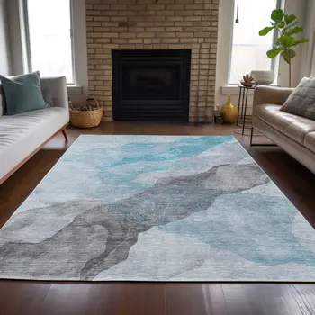 3' X 5' Teal Blue And Gray Abstract Washable Indoor Outdoor Area Rug