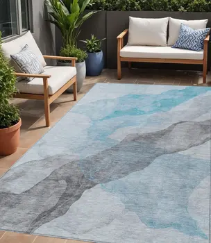 5' X 8' Teal Blue And Gray Abstract Washable Indoor Outdoor Area Rug