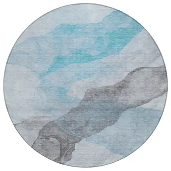 8' Teal Blue And Gray Round Abstract Washable Indoor Outdoor Area Rug