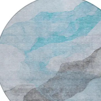 8' Teal Blue And Gray Round Abstract Washable Indoor Outdoor Area Rug