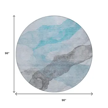 8' Teal Blue And Gray Round Abstract Washable Indoor Outdoor Area Rug