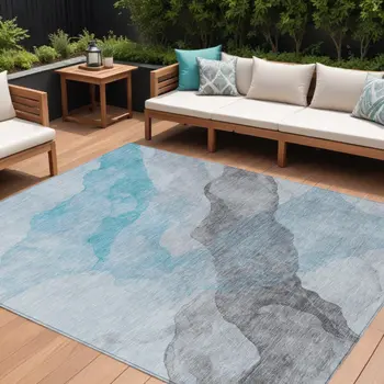 8' X 10' Teal Blue And Gray Abstract Washable Indoor Outdoor Area Rug