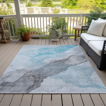 9' X 12' Teal Blue And Gray Abstract Washable Indoor Outdoor Area Rug