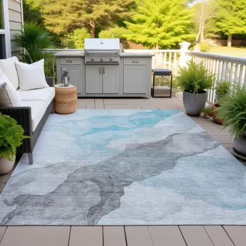 10' X 14' Teal Blue And Gray Abstract Washable Indoor Outdoor Area Rug