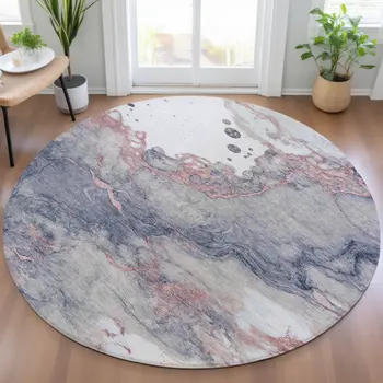 8' Blush And Gray Round Abstract Washable Indoor Outdoor Area Rug