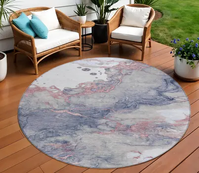 8' Blush And Gray Round Abstract Washable Indoor Outdoor Area Rug