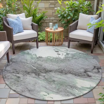 8' Green And Gray Round Abstract Washable Indoor Outdoor Area Rug