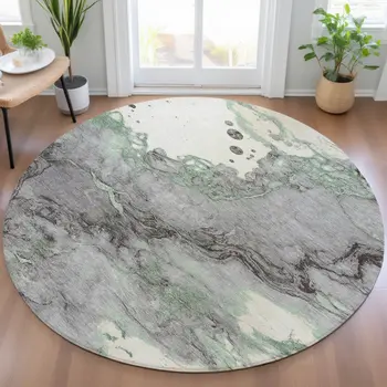 8' Green And Gray Round Abstract Washable Indoor Outdoor Area Rug