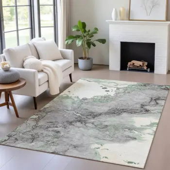 8' X 10' Green And Gray Abstract Washable Indoor Outdoor Area Rug