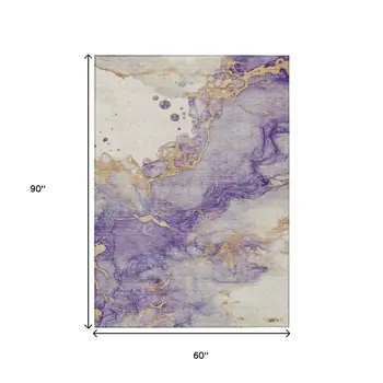 5' X 8' Purple And Gold Abstract Washable Indoor Outdoor Area Rug